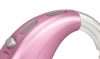 Close-up of a pink behind-the-ear hearing aid with a silver button and gray accent, featuring the Phonak Wind and Weather Protector (Short), on a white background.