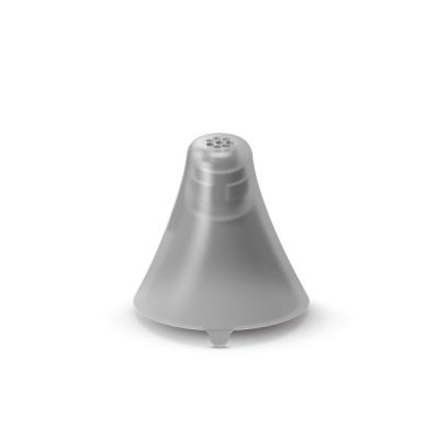 A translucent, cone-shaped plastic Signia Click Sleeve (Closed) with a small round opening at the top is displayed against a plain white background.
