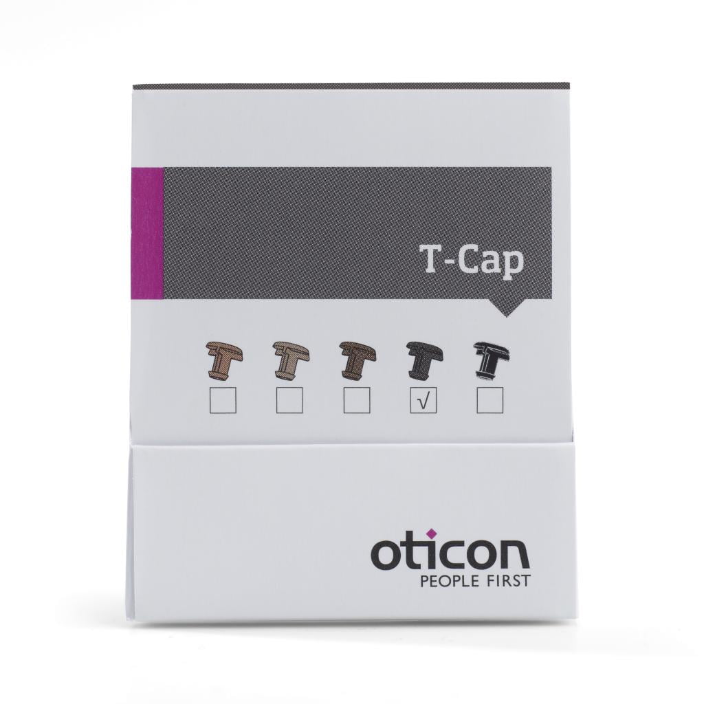 A box labeled Oticon T-Cap displays five small cap images in various colors, with one selected. The Oticon logo and the slogan "People First" appear at the bottom.