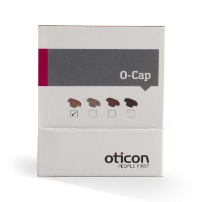A white Oticon O-Cap box with a grey label is shown next to four illustrated Oticon O-Caps in various shades, the first marked with a check. The bottom features the Oticon logo and “People First” slogan.