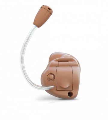 The Lex/ITE Microphone filter is a brown in-ear hearing aid with a clear tube and small, rounded module for discreet use, shown against a white background.