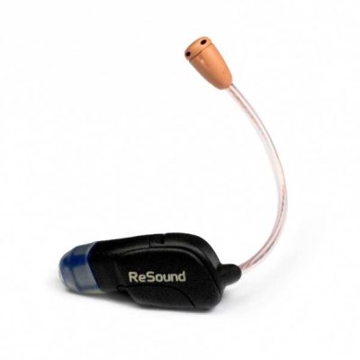 A Lex/ITE Microphone filter hearing aid in small black design features a curved, transparent tube with a beige earpiece and blue tip, shown on a white background.